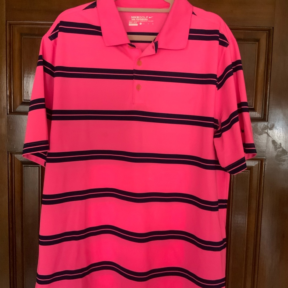 Nike Pink and Black Striped Polo Shirt